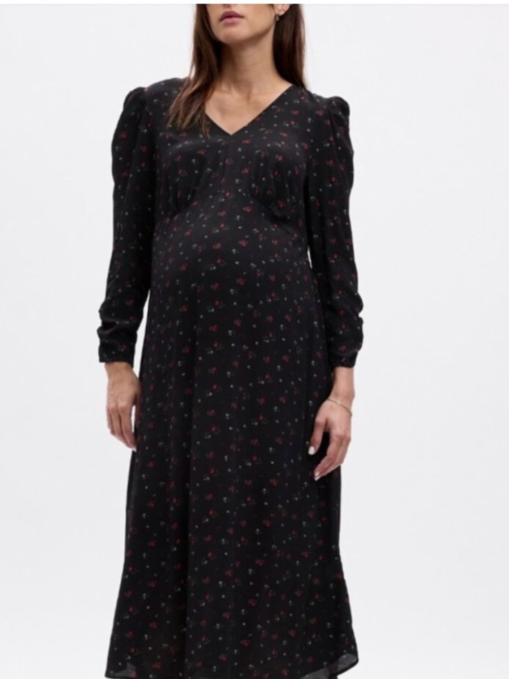 GAP Maternity Black Long-Sleeve Floral Midi Dress